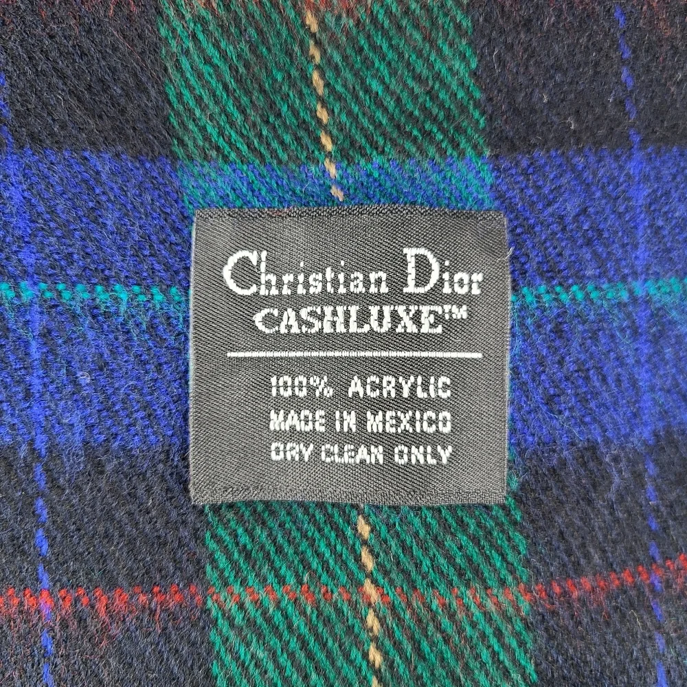 Christian Dior Blue Green Tartan Plaid Fringe Vintage Unisex Scarf